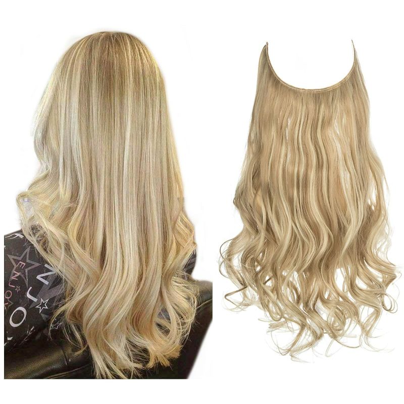Photo 1 of SARLA Invisible Wire Hair Extension Highlight Dirty Blonde 14 Inch Wavy Curly Balayage Synthetic Hairpieces Adjustable Headband for Women No Clip
