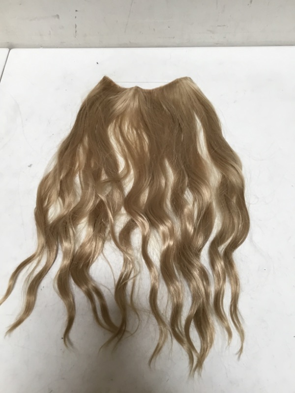 Photo 3 of SARLA Invisible Wire Hair Extension Highlight Dirty Blonde 14 Inch Wavy Curly Balayage Synthetic Hairpieces Adjustable Headband for Women No Clip
