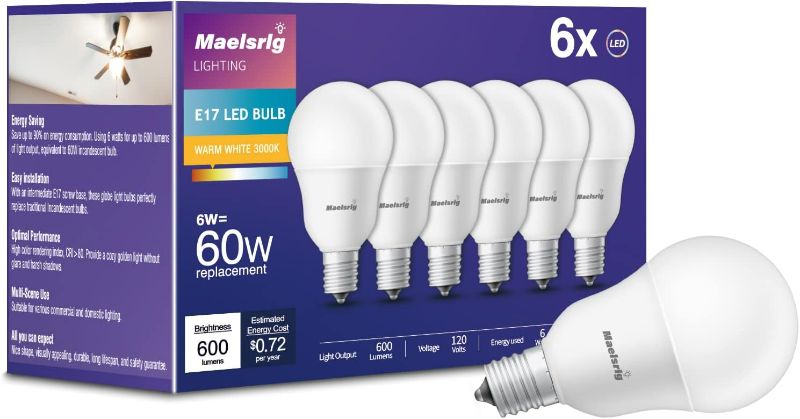 Photo 1 of Maelsrlg E17 Intermediate Base LED Bulb, 6W (60 Watt Equivalent) G14 Globe Ceiling Fan Light Bulbs, Warm White 3000K, 600 Lumens, Non-Dimmable, Pack of 6
