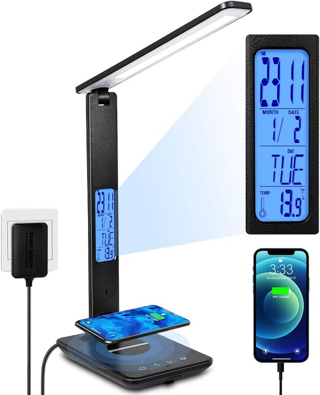 Photo 1 of LED Desk Lamp, Desk Lamp with Wireless Charger, Suitable for Home, Office Dimmable Desk Lamp, with USB Charging Port, Built-in Clock, Calendar, Thermometer and Automatic Timing Reading Desk Lamp.
