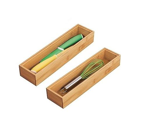 Photo 1 of  Slim Wooden Bamboo Drawer Organizer - 12" Long Stackable Storage Box Tray for Kitchen Drawers/Cabinet - Utensil, Silverware, Spatula, Flatware Holder - Echo Collection, 2Pack, Natural Wood