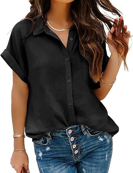 Photo 1 of Pausus Women Chiffon Button Down Shirts with Pocket Short Sleeve Office Blouses V Neck Casual Business Tops Slim Fit Shirts (XXL)
