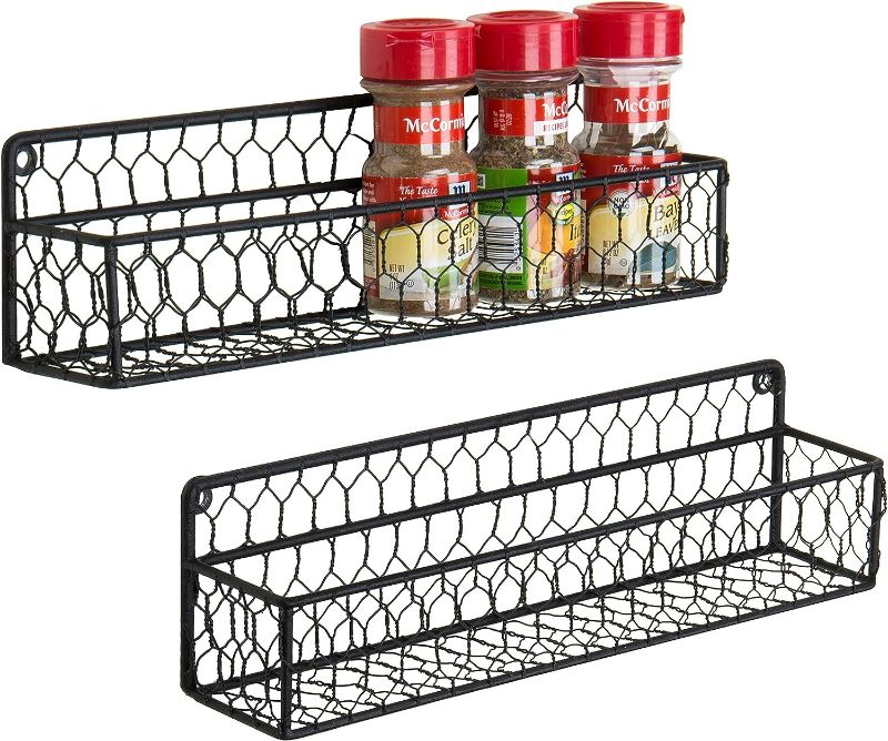 Photo 1 of MyGift Wall Spice Racks, 12-Inch Black Chicken Wire Hanging Kitchen Seasoning Condiment Organizer Shelf, Set of 2
