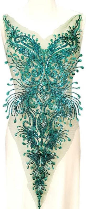 Photo 1 of French and African Nigerian Lace Patches Sequins Stylist DIY Fabric Appliques Couture for Couture, Prom Costumesl,Bodice Suits Design (Green, A-11x31 inch)
