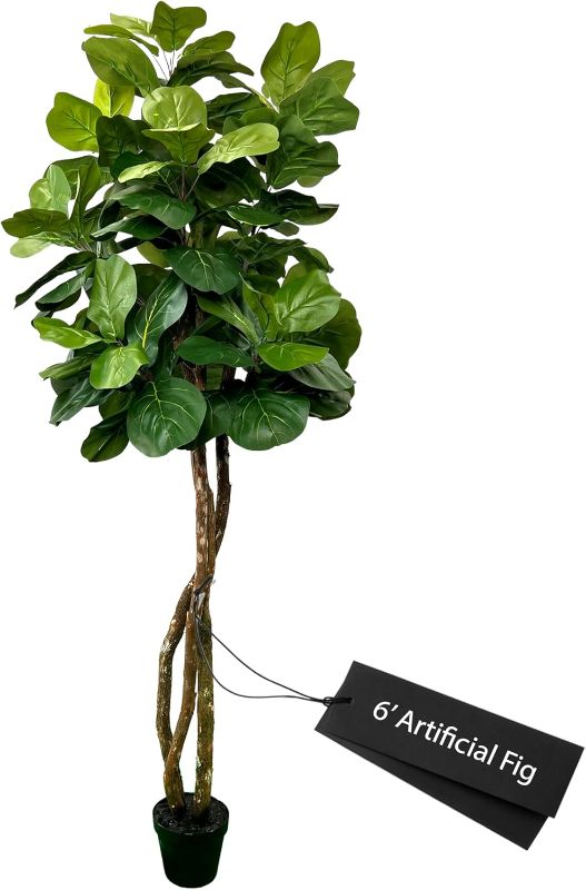 Photo 1 of 6 Ft Fiddle Leaf Fig Tree - Artificial Faux Fiddle Leaf Fig - 6 Foot Tall Fake Standing Ficus Lyrata - 6Ft Large Indoor Plants w/Big Green Leaves & Real Wood Trunks for Home Decor, Office Lobby Floor 