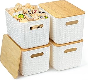 Photo 1 of 4 Packs Storage Bins with Bamboo Lids - Plastic Storage Containers with Lids Stackable Storage Box: Storage Baskets for Organizing Desktop Closet Playroom Classroom Office, White