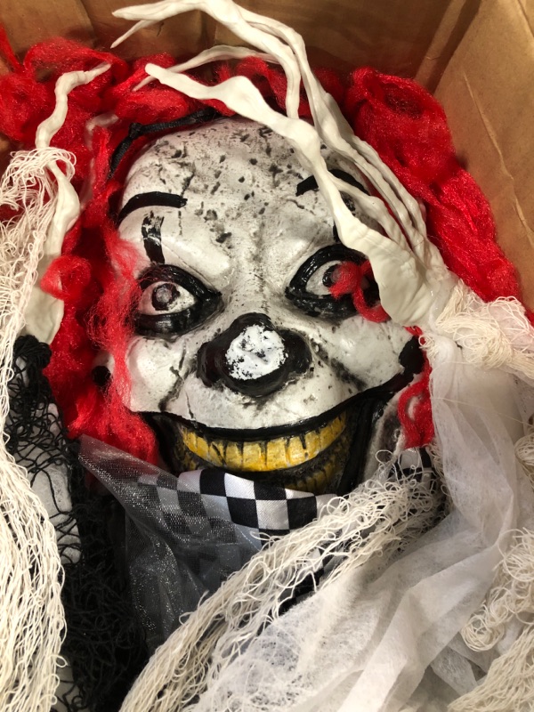Photo 1 of [Glowing Body & Sound Activated] 64 Inch Halloween Animatronics Hanging Clown for Halloween Decorations Outdoor, Life Size Skeleton Clown with Spooky Sound Scary Halloween Prop Haunted House Decor