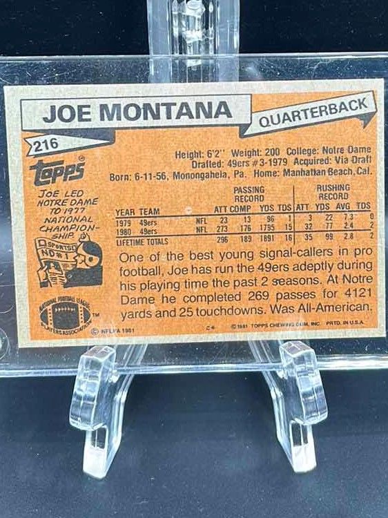Photo 2 of RARE 1981 JOE MONTANA TOPPS ROOKIE CARD 216