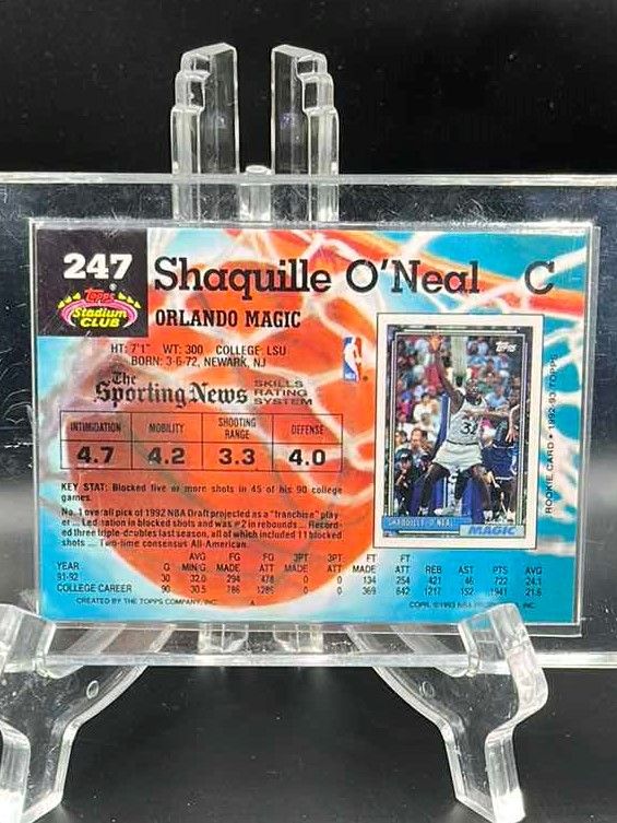 Photo 2 of 1992 SHAQUILLE O’NEAL TOPPS STADIUM CLUB ROOKIE CARD 247