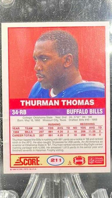 Photo 2 of 1989 THURMAN THOMAS SCORE ROOKIE CARD 211
