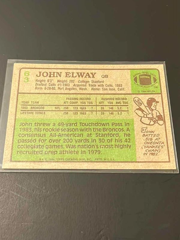 Photo 2 of 1984 JOHN ELWAY ROOKIE TOPPS CARD 63