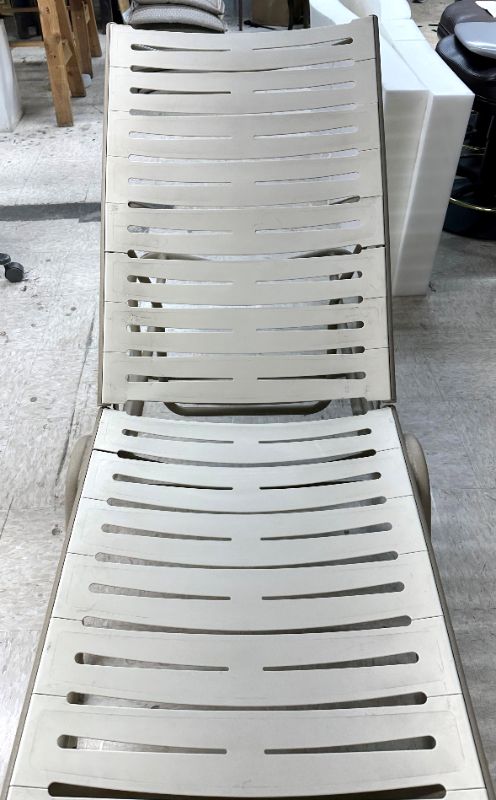 Photo 1 of 2-OUTDOOR HOTEL COMMERCIAL CHAISE LOUNGE’S- RESIN SEAT/BACK W ALUMINUM ADJUSTABLE, STACKABLE FRAME L84” X W24”