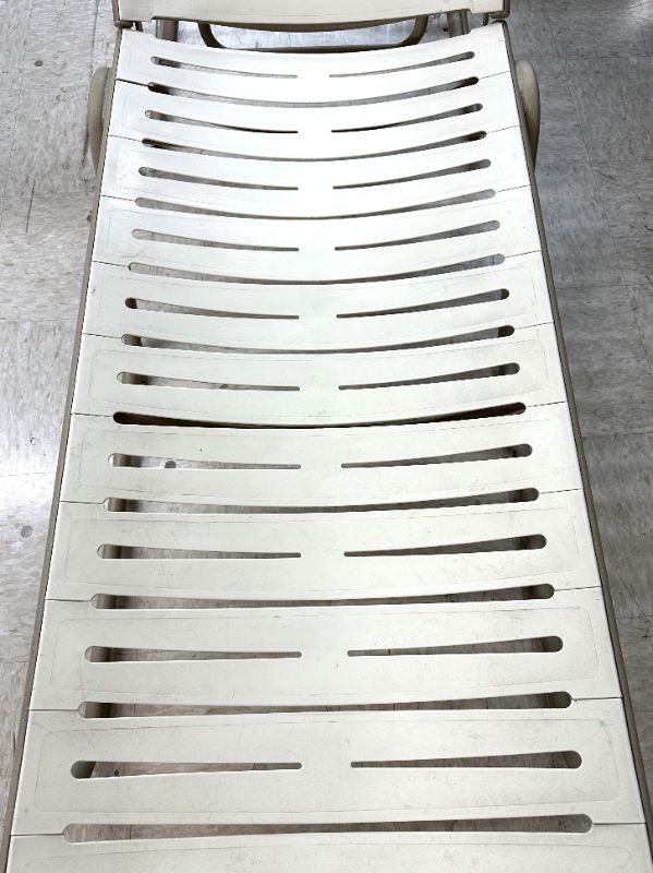 Photo 1 of 2-OUTDOOR HOTEL COMMERCIAL CHAISE LOUNGE’S- RESIN SEAT/BACK W ALUMINUM ADJUSTABLE, STACKABLE FRAME L84” X W24”