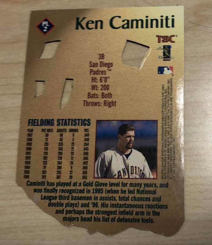 Photo 1 of 1997 TOPPS KEN CAMINITI STADIUM PATENT LEATHER PL2 BASEBALL CARD
