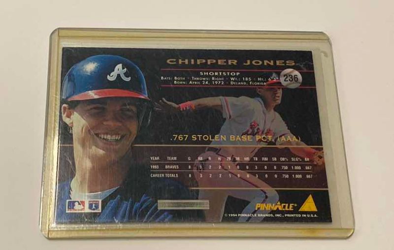 Photo 1 of 1994 PINNACLE CHIPPER JONES 236 ROOKIE MLB BASEBALL CARD