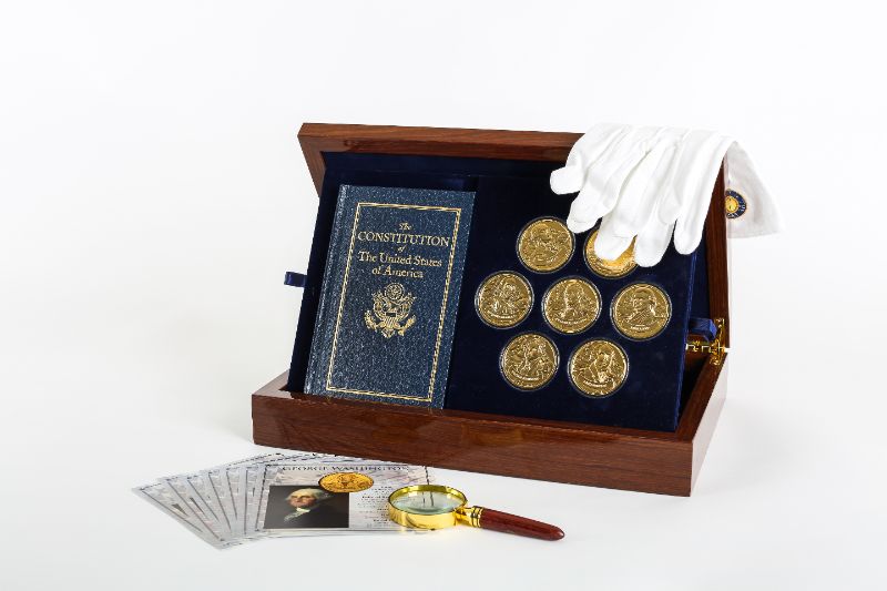 Photo 1 of NIB FRANKLIN MINT “FOUNDING FATHERS OF AMERICA” COIN COLLECTION W COA (HAND-SCULPTED COINS COATED IN 24KT GOLD)