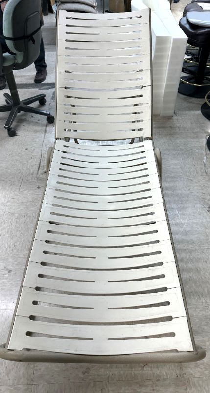 Photo 1 of 2-OUTDOOR HOTEL COMMERCIAL CHAISE LOUNGE’S- RESIN SEAT/BACK W ALUMINUM ADJUSTABLE, STACKABLE FRAME L84” X W24”