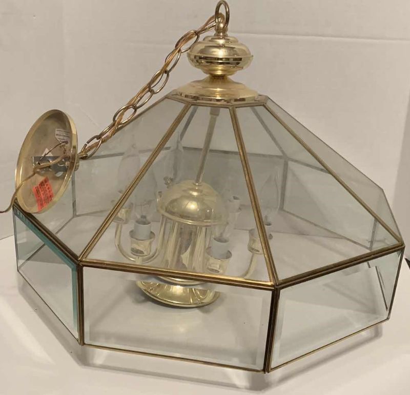 Photo 1 of BRASS AND GLASS OVERHEAD LIGHT FIXTURE 20” X 17”