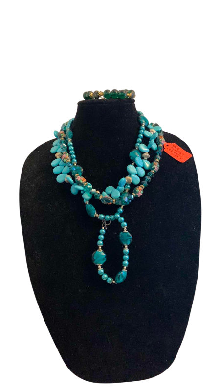 Photo 1 of FASHION JEWELRY 3-NECKLACES AND 2-BRACELETS BLUE HOWLITE GERMAN SILVER
