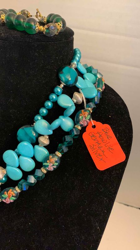 Photo 1 of FASHION JEWELRY 3-NECKLACES AND 2-BRACELETS BLUE HOWLITE GERMAN SILVER