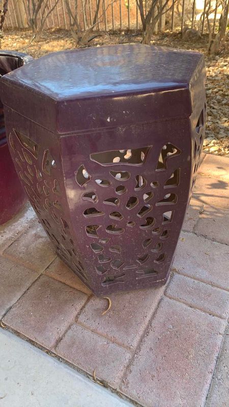 Photo 1 of PLASTER PLANT STAND AND PLASTIC POT