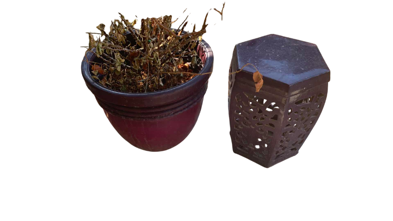 Photo 1 of PLASTER PLANT STAND AND PLASTIC POT