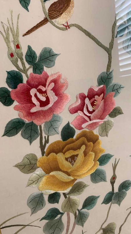 Photo 1 of HAND EMBROIDERED ASIAN FLORAL AND BIRD SCREENS 18” X 44”