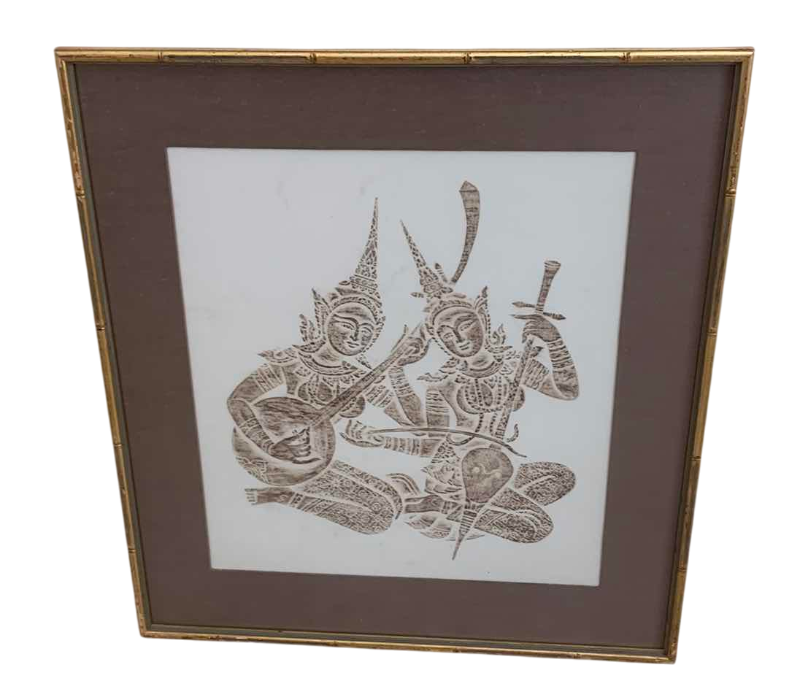 Photo 1 of THAI MUSICIANS TEMPLE CHARCOAL RUBBING RICE PAPER ARTWORK 23” X 25”