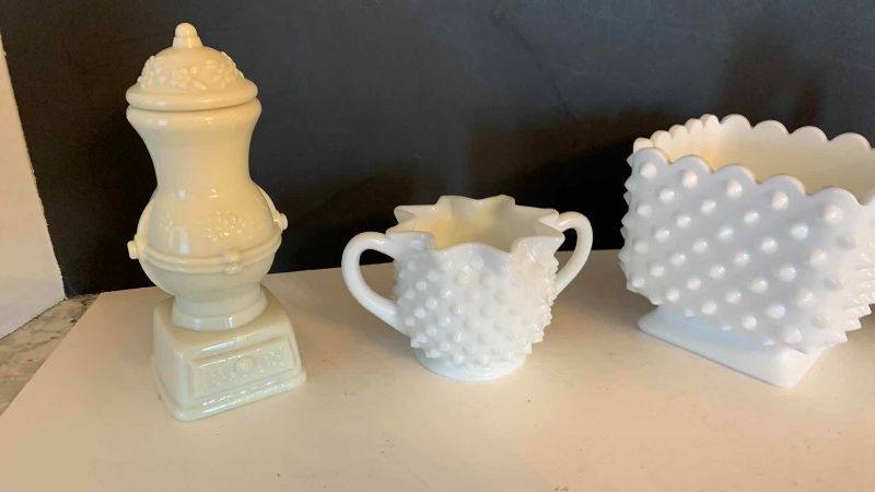 Photo 1 of VINTAGE MILK GLASS AND AVON CONTAINERS