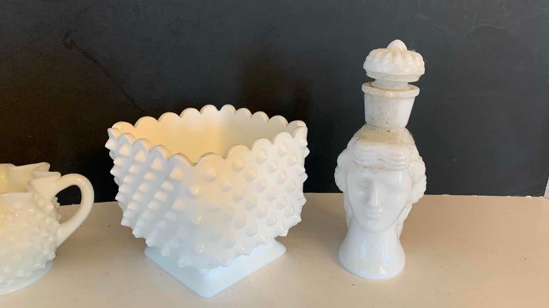 Photo 1 of VINTAGE MILK GLASS AND AVON CONTAINERS