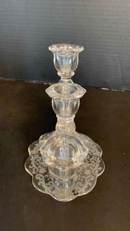 Photo 1 of VINTAGE 1930’S CAMBRIDGE ROSE POINT CLEAR 2 THREE LIGHT CANDLE STICK 6”