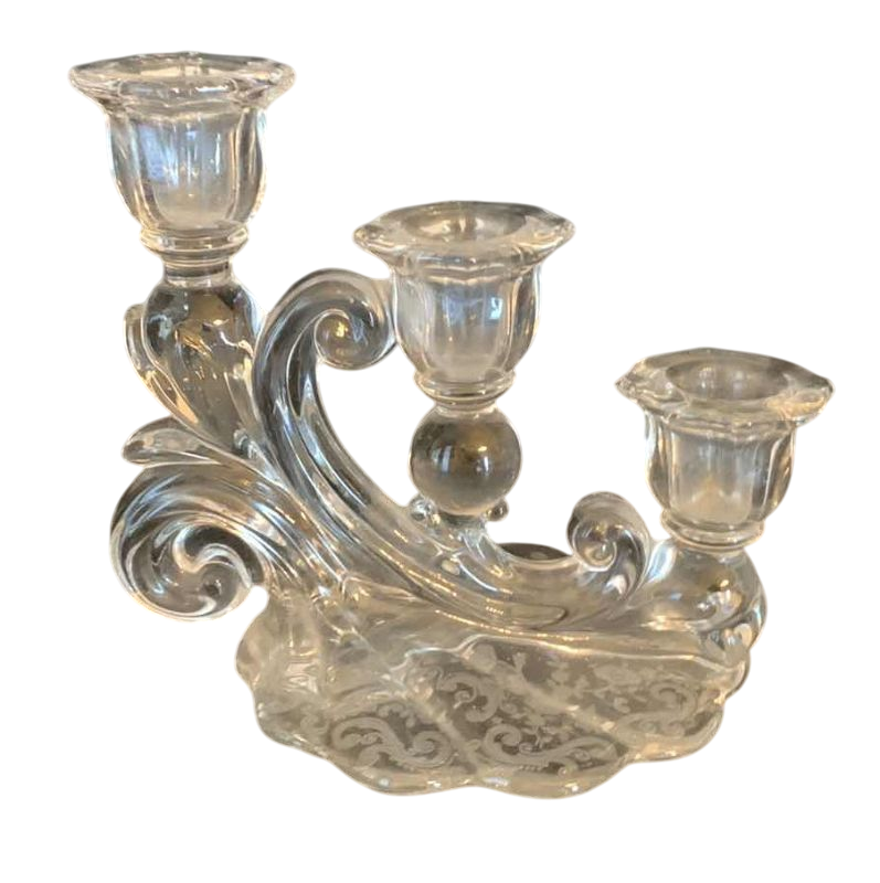 Photo 1 of VINTAGE 1930’S CAMBRIDGE ROSE POINT CLEAR 2 THREE LIGHT CANDLE STICK 6”