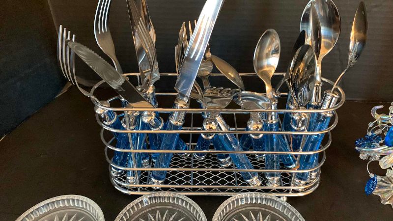 Photo 1 of CAMBRIDGE STAINLESS STEEL CUTLERY SET, WINE GLASS CHARMS , AND CRYSTAL COASTERS