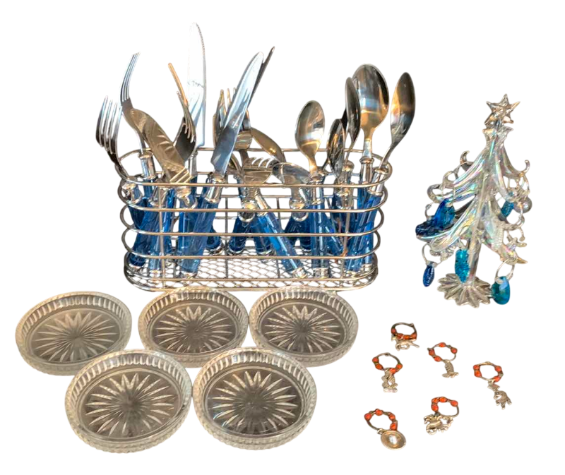 Photo 1 of CAMBRIDGE STAINLESS STEEL CUTLERY SET, WINE GLASS CHARMS , AND CRYSTAL COASTERS