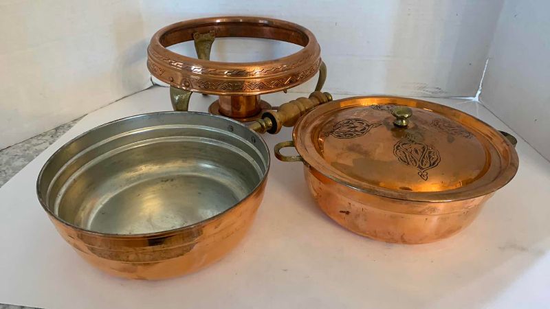 Photo 1 of VINTAGE COPPER CHAFING DISH, BURNER, AND SERVING PAN
