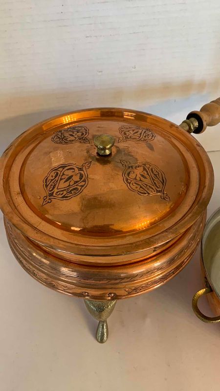 Photo 1 of VINTAGE COPPER CHAFING DISH, BURNER, AND SERVING PAN