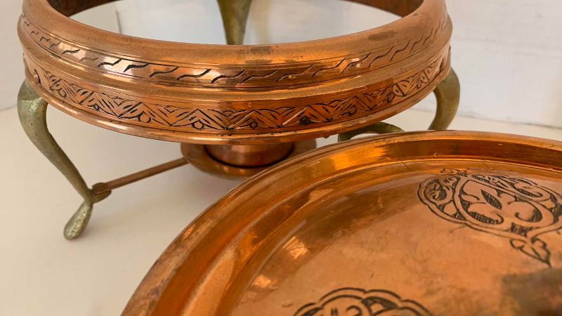 Photo 1 of VINTAGE COPPER CHAFING DISH, BURNER, AND SERVING PAN