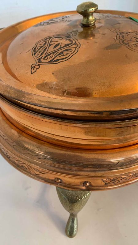 Photo 1 of VINTAGE COPPER CHAFING DISH, BURNER, AND SERVING PAN