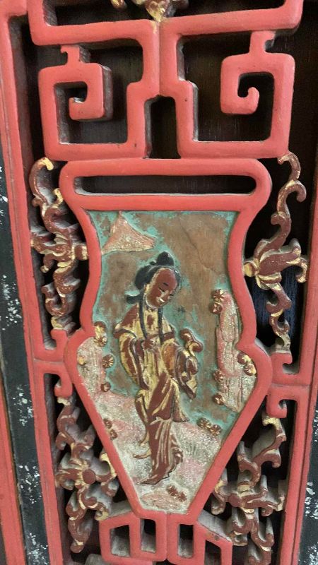 Photo 1 of 2-VINTAGE CHINESE MAIDENS HAND CARVED WOODEN PANELS 12” X 27” EACH