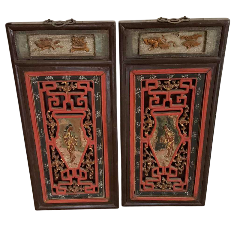 Photo 1 of 2-VINTAGE CHINESE MAIDENS HAND CARVED WOODEN PANELS 12” X 27” EACH