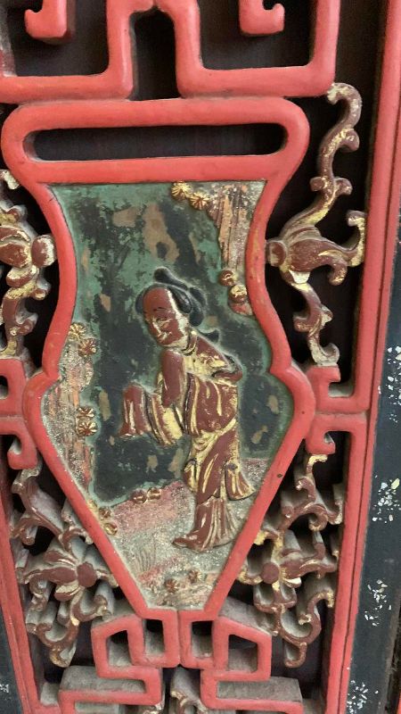 Photo 1 of 2-VINTAGE CHINESE MAIDENS HAND CARVED WOODEN PANELS 12” X 27” EACH