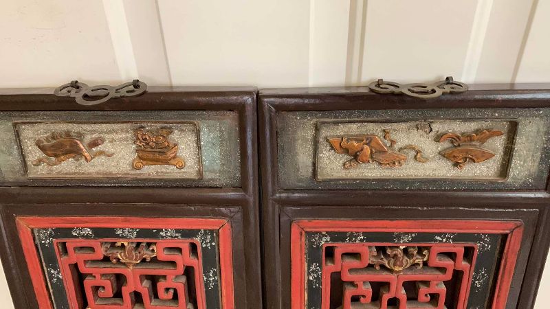 Photo 1 of 2-VINTAGE CHINESE MAIDENS HAND CARVED WOODEN PANELS 12” X 27” EACH