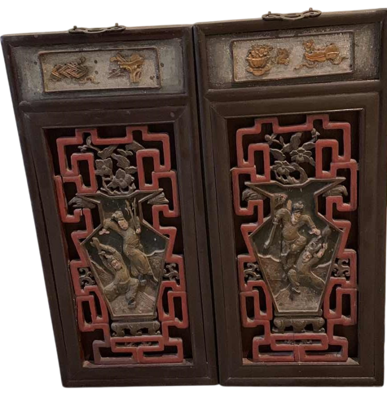 Photo 1 of 2-ANTIQUE CHINESE WARRIORS HAND CARVED WOODEN PANELS 12” X 27” EACH
