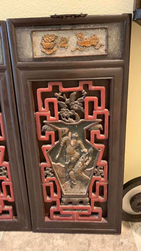 Photo 1 of 2-ANTIQUE CHINESE WARRIORS HAND CARVED WOODEN PANELS 12” X 27” EACH