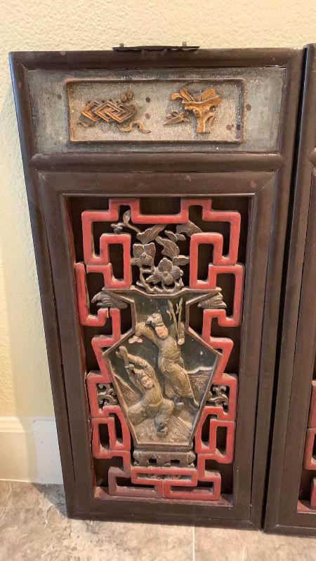 Photo 1 of 2-ANTIQUE CHINESE WARRIORS HAND CARVED WOODEN PANELS 12” X 27” EACH