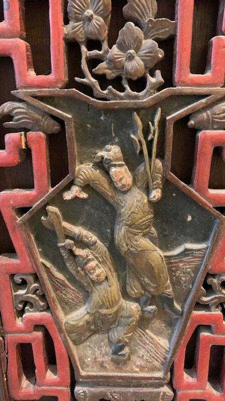 Photo 1 of 2-ANTIQUE CHINESE WARRIORS HAND CARVED WOODEN PANELS 12” X 27” EACH