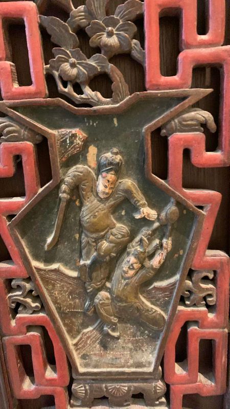 Photo 1 of 2-ANTIQUE CHINESE WARRIORS HAND CARVED WOODEN PANELS 12” X 27” EACH