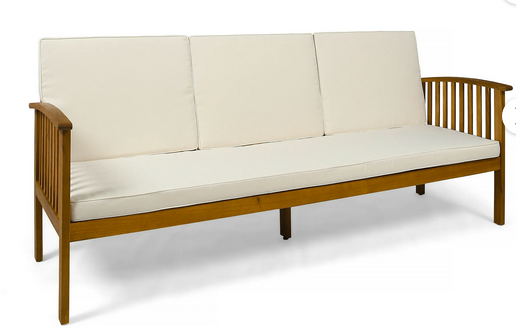 Photo 1 of DUPONT OUTDOOR ACACIA WOOD 3 SEATER SOFA WITH CUSHIONS, TEAK AND CREME