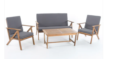 Photo 1 of MANAROLA 4 PC OUTDOOR NATURAL WOOD FINISH CHAT SET WITH WATER RESISTANT CUSHION