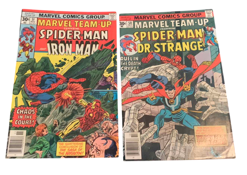Photo 1 of MARVEL TEAM-UP 50 & 51 SPIDER-MAN IRON MAN AND DOCTOR STRANGE 1976 COMICS